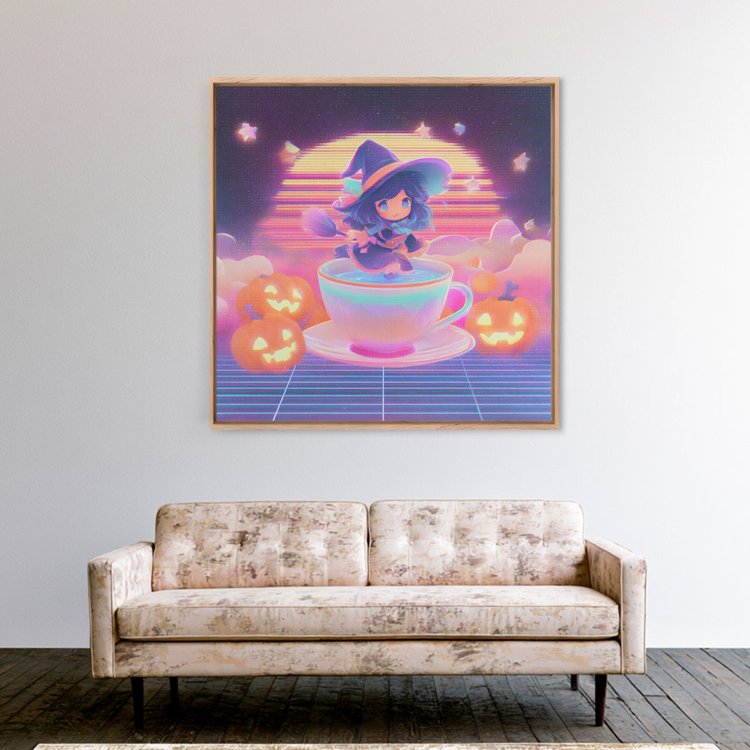 The Teacup Witch, Retro Neon Halloween Art, Square Wall Art, Framed Canvas Print, Retro Halloween Decor, Neon Wall Art