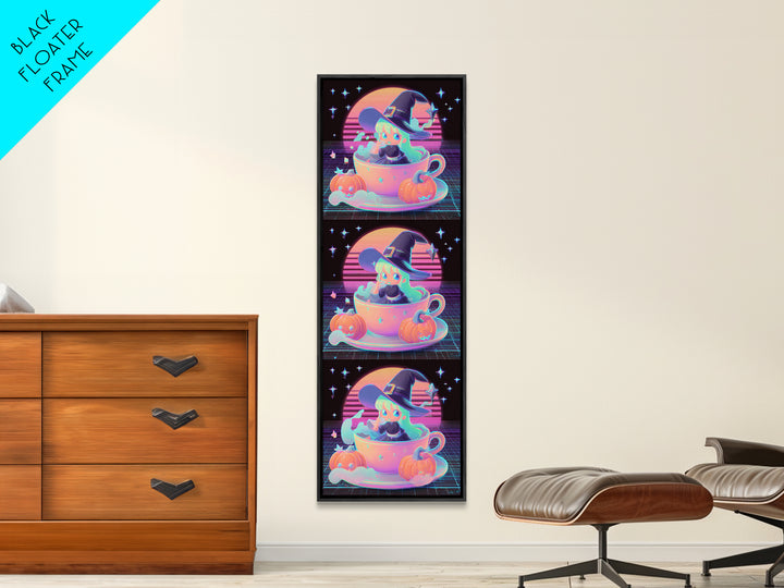 The Teacup Witch, Retro Neon Halloween Art, Tall Narrow Wall Art, Framed Canvas Print, Retro Halloween Decor, Neon Wall Art