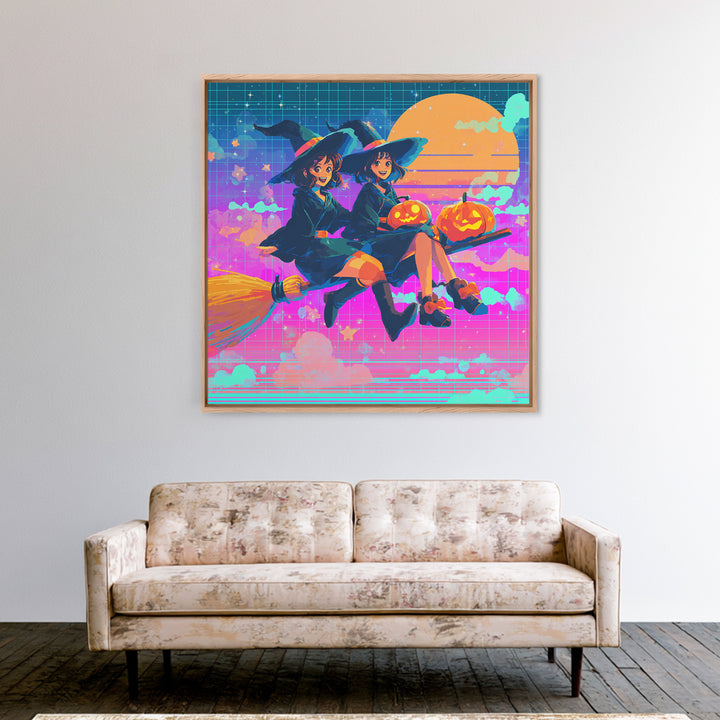 The Twin Broomstick Witches, Vaporwave Halloween Decor, Square Wall Art, Canvas Print, Retro Halloween Decor, Neon Wall Art
