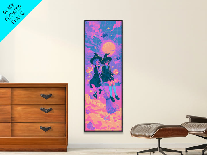 The Twin Broomstick Witches, Cute Spooky Neon Art, Tall Narrow Wall Art, Canvas Print, Retro Halloween Decor, Neon Wall Art
