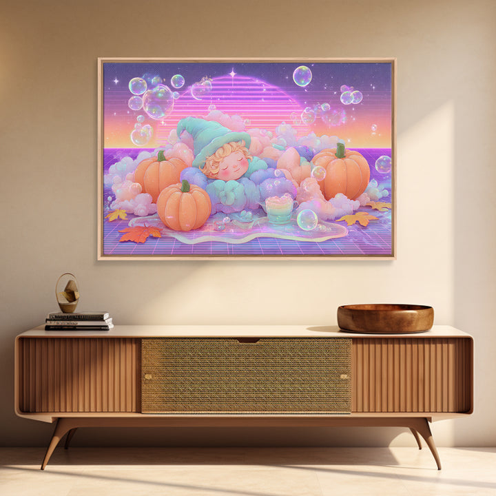The Bubble Potion Apprentice, Synthwave Halloween Art, Landscape Wall Art, Canvas Print, Retro Halloween Decor, Neon Wall Art