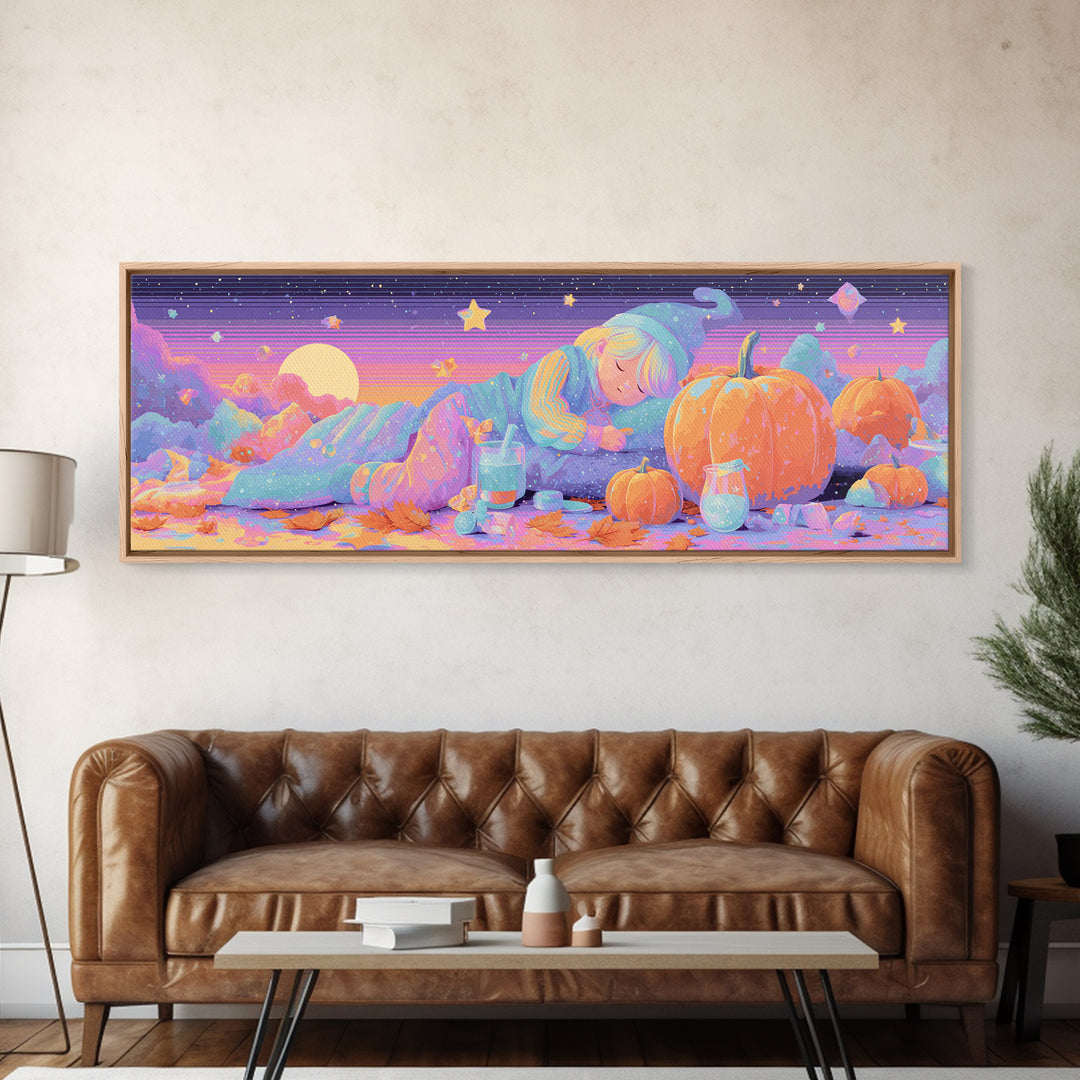 The Bubble Potion Apprentice, Vaporwave Halloween Decor, Extra Wide Wall Art, Framed Canvas Print, Retro Halloween Decor, Neon Wall Art