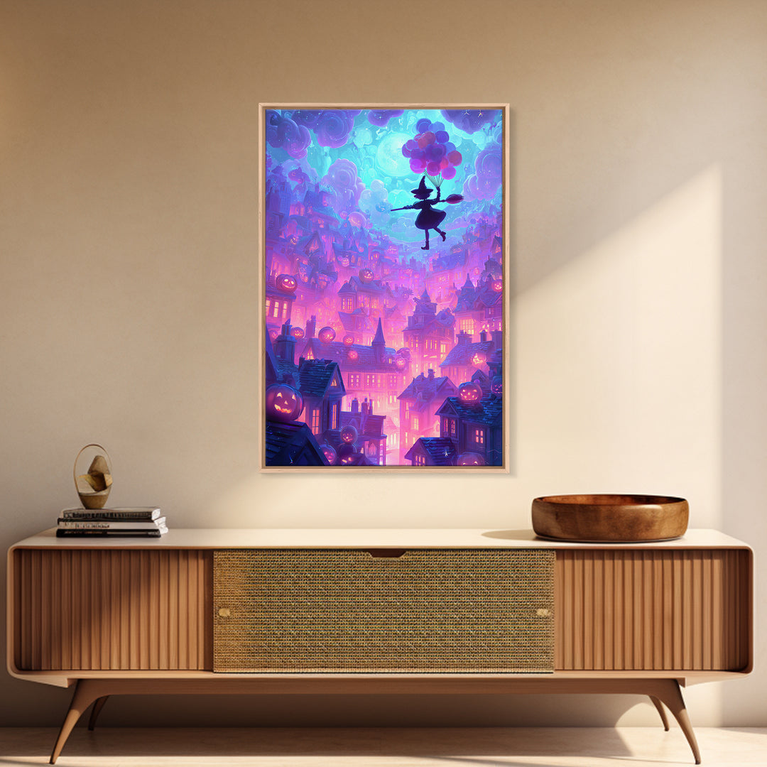 The Witch With A Balloon Broom, Cute Spooky Neon Art, Vertical Wall Art, Framed Canvas Print, Retro Halloween Decor, Neon Wall Art