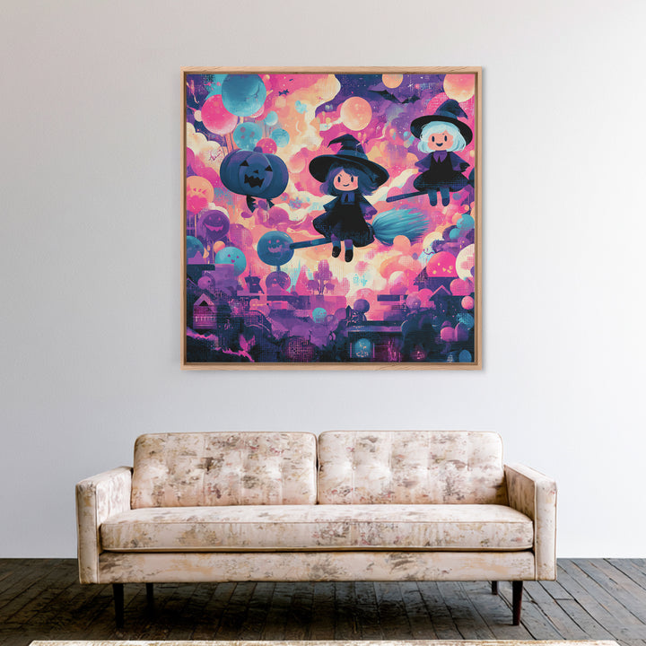 The Witch With A Balloon Broom, Synthwave Halloween Art, Square Wall Art, Canvas Print, Retro Halloween Decor, Neon Wall Art