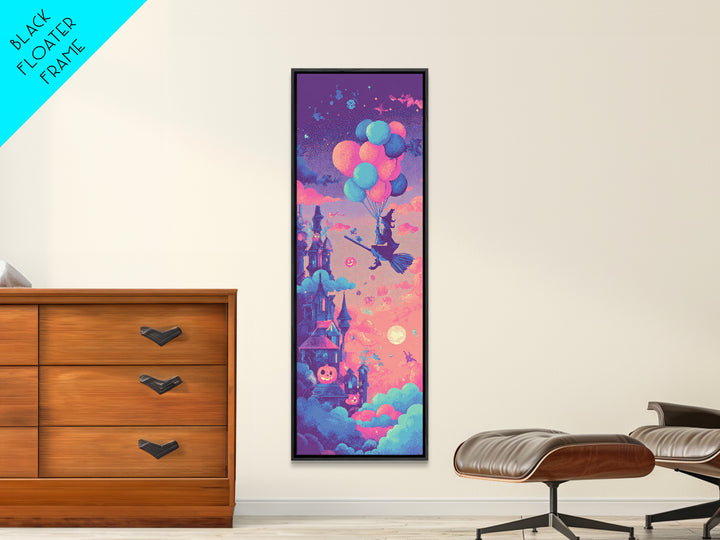 The Witch With A Balloon Broom, Vaporwave Halloween Decor, Tall Narrow Wall Art, Canvas Print, Retro Halloween Decor, Neon Wall Art