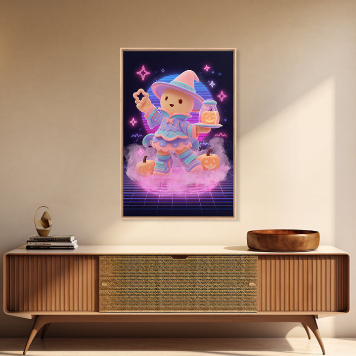 The Cookie Spellcaster, Cute Spooky Neon Art, Vertical Wall Art, Canvas Print, Retro Halloween Decor, Neon Wall Art, Collectible Wall Decor