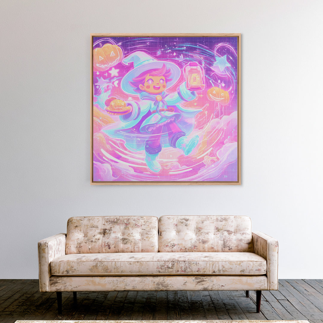 The Cookie Spellcaster, Cute Spooky Neon Art, Square Wall Art, Canvas Print, Retro Halloween Decor, Neon Wall Art, Collectible Wall Decor
