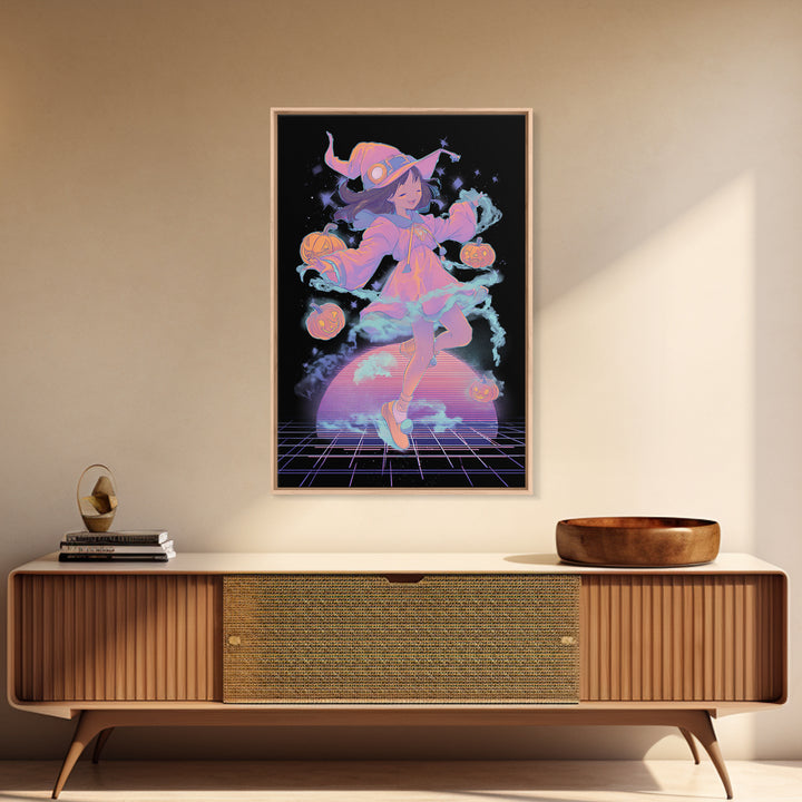 The Moonlight Pajama Witch, Vaporwave Halloween Decor, Vertical Wall Art, Canvas Print, Retro Halloween Decor, Neon Wall Art