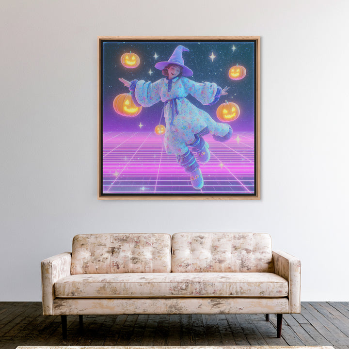 The Moonlight Pajama Witch, Synthwave Halloween Art, Square Wall Art, Canvas Print, Retro Halloween Decor, Neon Wall Art