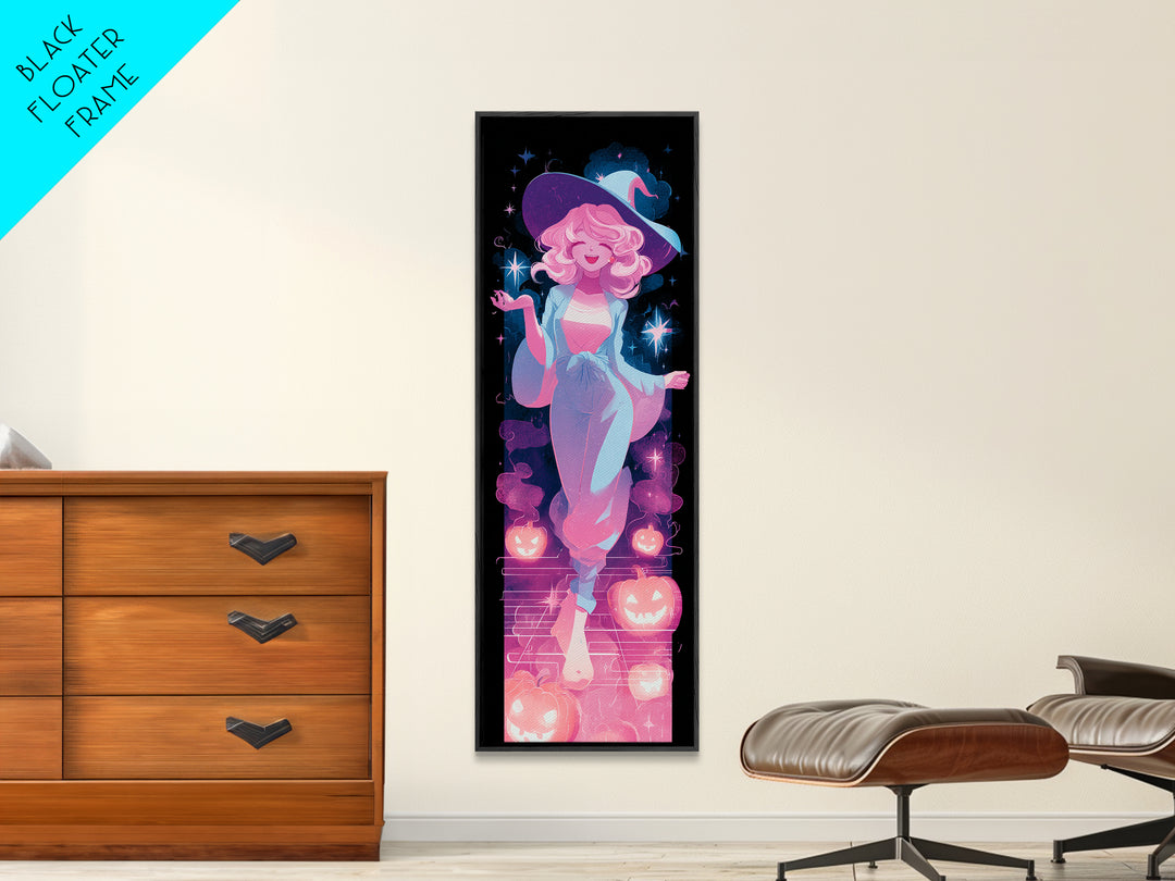 The Moonlight Pajama Witch, Cute Spooky Neon Art, Tall Narrow Wall Art, Framed Canvas Print, Retro Halloween Decor, Neon Wall Art