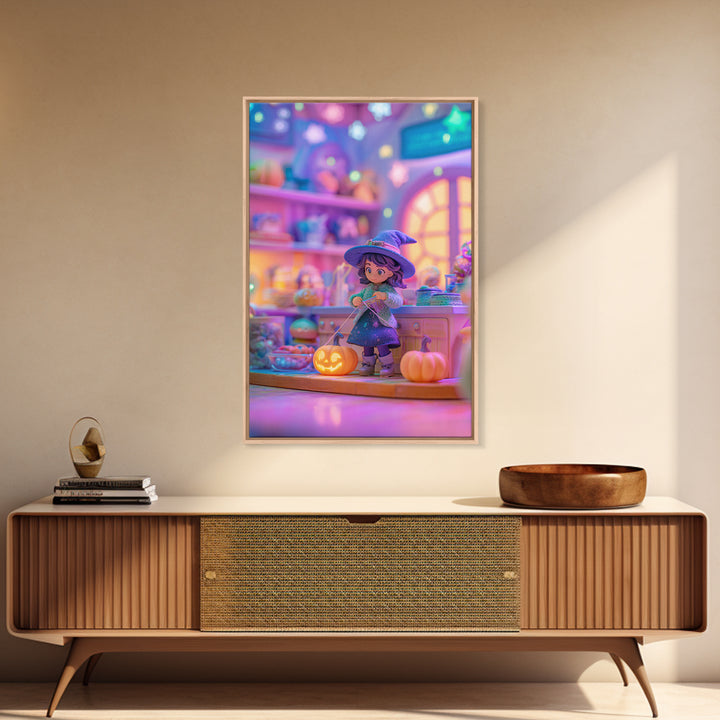 The Tiny Hat Shop Witch, Synthwave Halloween Art, Vertical Wall Art, Framed Canvas Print, Retro Halloween Decor, Neon Wall Art