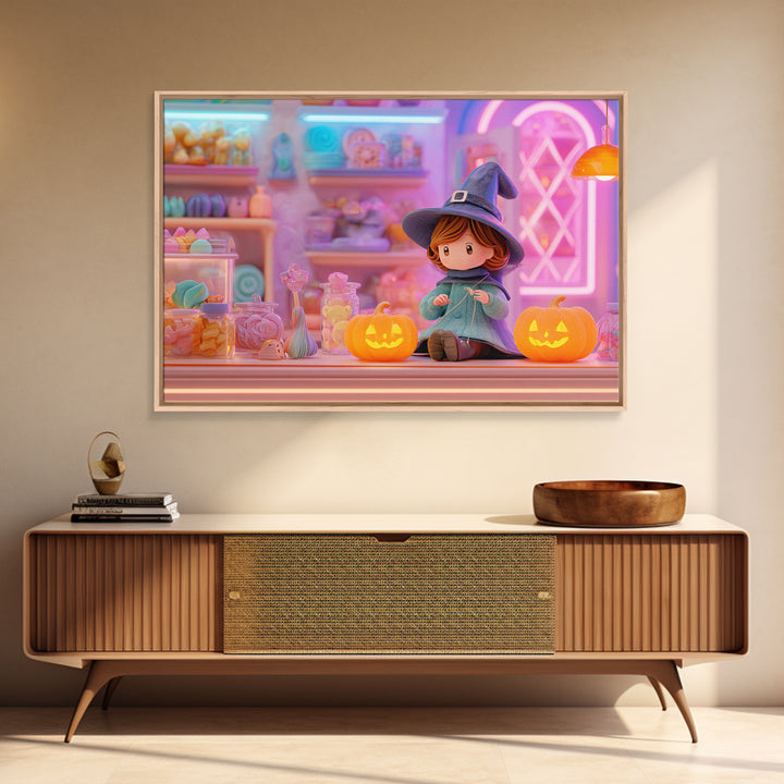 The Tiny Hat Shop Witch, Vaporwave Halloween Decor, Landscape Wall Art, Framed Canvas Print, Retro Halloween Decor, Neon Wall Art