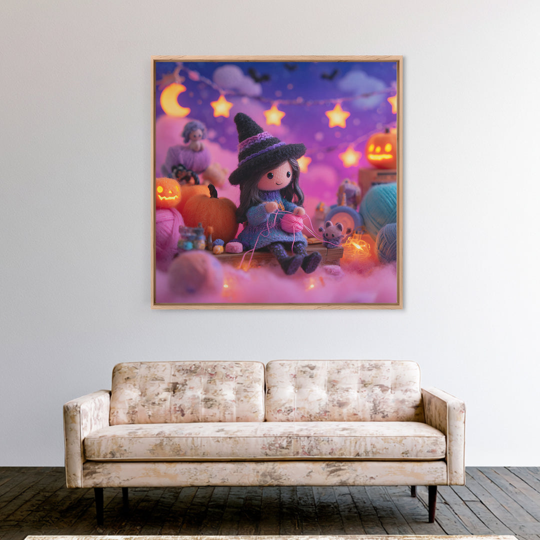 The Tiny Hat Shop Witch, Synthwave Halloween Art, Square Wall Art, Framed Canvas Print, Retro Halloween Decor, Neon Wall Art