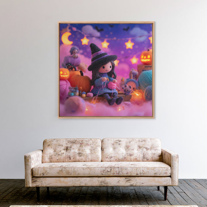 The Tiny Hat Shop Witch, Synthwave Halloween Art, Square Wall Art, Framed Canvas Print, Retro Halloween Decor, Neon Wall Art