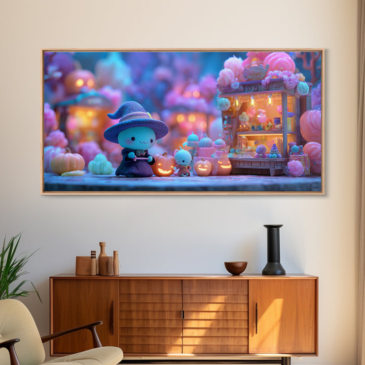 The Tiny Hat Shop Witch, Retro Neon Halloween Art, Wide Panoramic Art, Framed Canvas Print, Retro Halloween Decor, Neon Wall Art