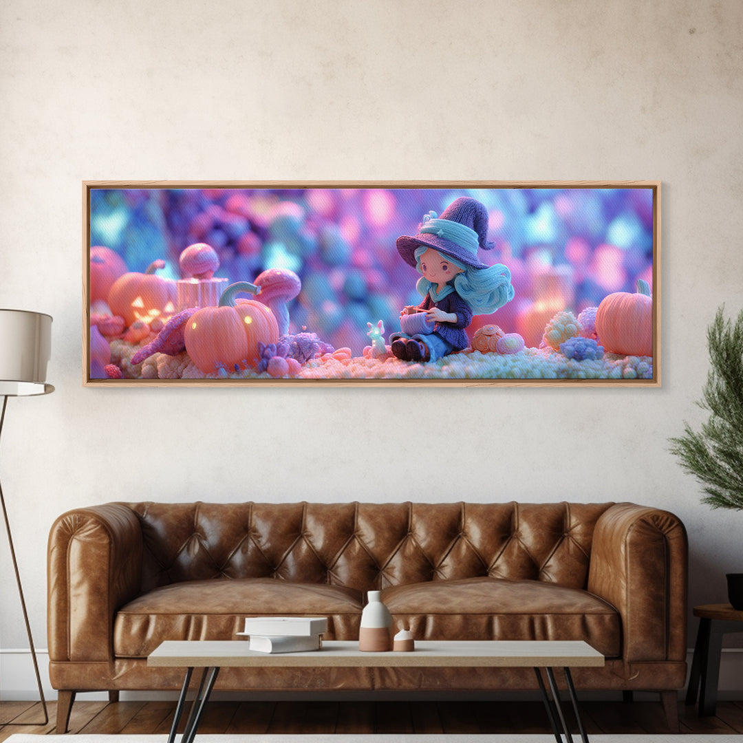The Tiny Hat Shop Witch, Cute Spooky Neon Art, Extra Wide Wall Art, Canvas Print, Retro Halloween Decor, Neon Wall Art, Gothic Home Decor