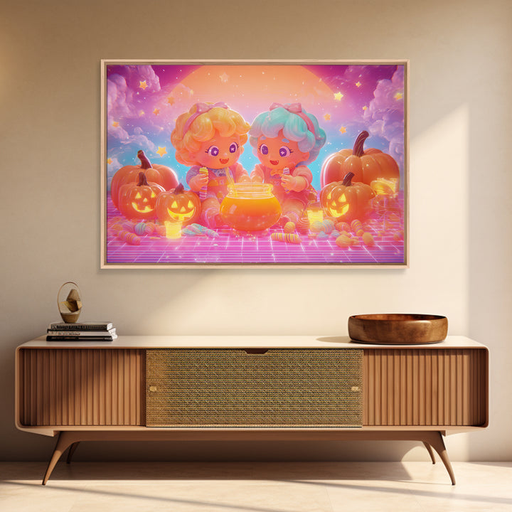 The Pumpkin Potion Twins, Cute Spooky Neon Art, Landscape Wall Art, Canvas Print, Retro Halloween Decor, Neon Wall Art