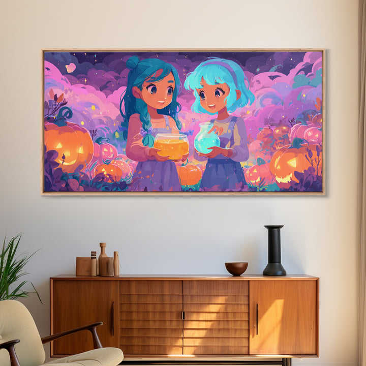 The Pumpkin Potion Twins, 80s Halloween Wall Art, Wide Panoramic Art, Canvas Print, Retro Halloween Decor, Neon Wall Art, Spooky Wall Decor