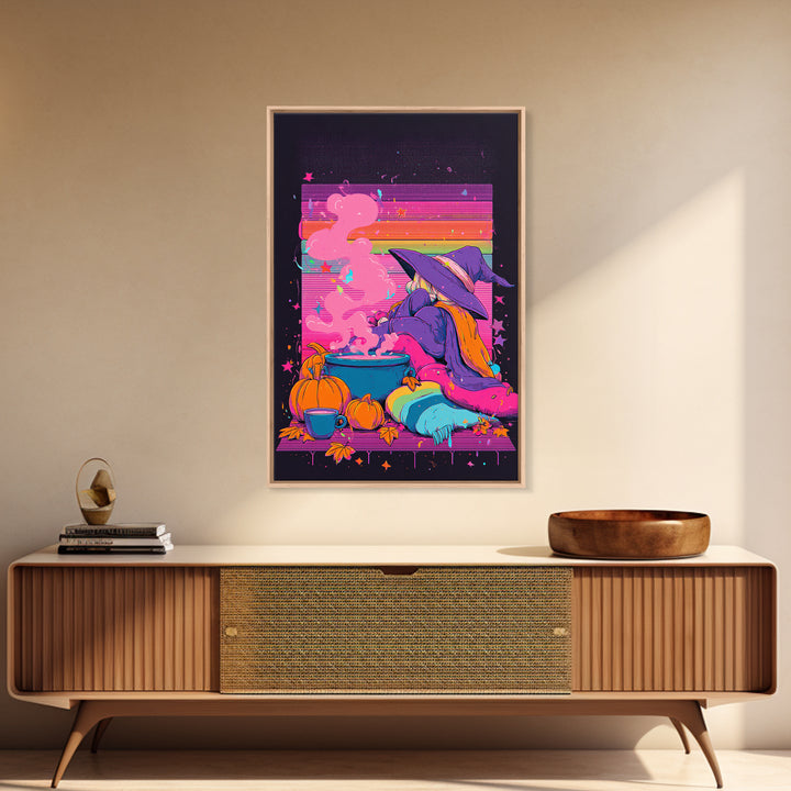 The Rainbow-Cauldron Witch, Vaporwave Halloween Decor, Vertical Wall Art, Canvas Print, Retro Halloween Decor, Neon Wall Art