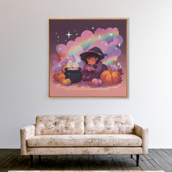 The Rainbow-Cauldron Witch, Vaporwave Halloween Decor, Square Wall Art, Framed Canvas Print, Retro Halloween Decor, Neon Wall Art
