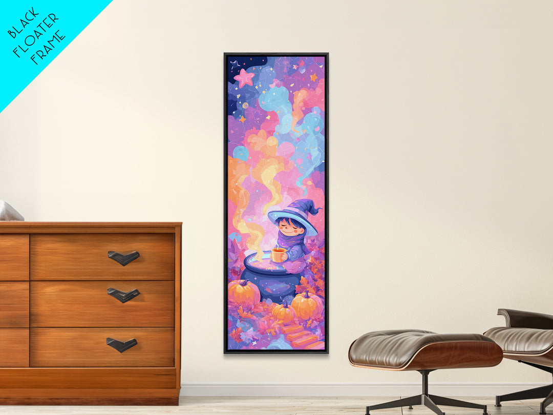 The Rainbow-Cauldron Witch, Retro Neon Halloween Art, Tall Narrow Wall Art, Framed Canvas Print, Retro Halloween Decor, Neon Wall Art