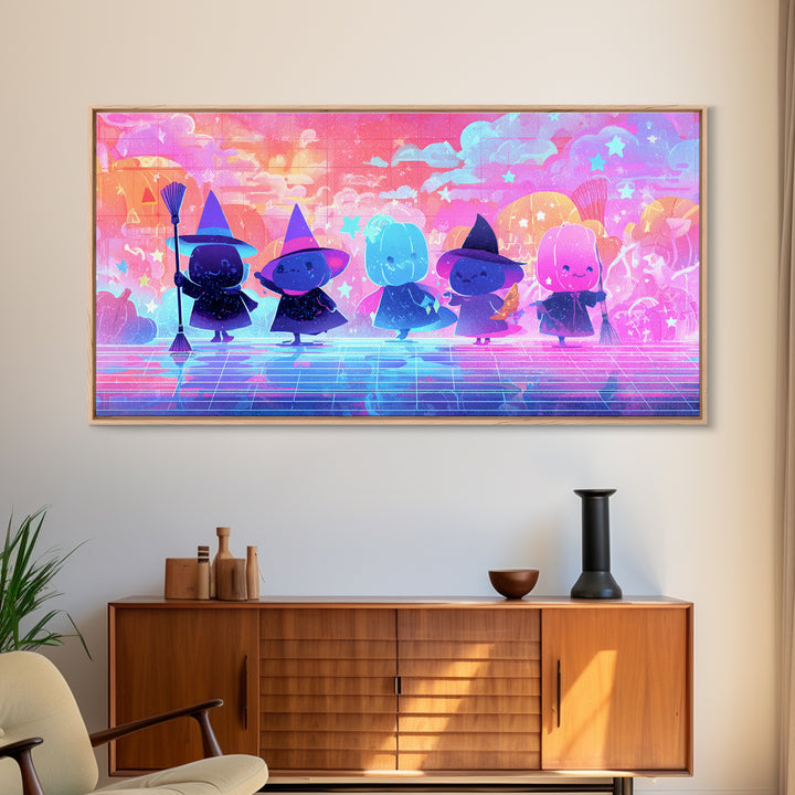 The Stardust Apprentice, Vaporwave Halloween Decor, Wide Panoramic Art, Canvas Print, Retro Halloween Decor, Neon Wall Art