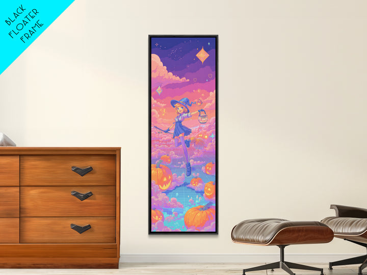 The Broomstick Riding Lesson, 80s Halloween Wall Art, Tall Narrow Wall Art, Framed Canvas Print, Retro Halloween Decor, Neon Wall Art