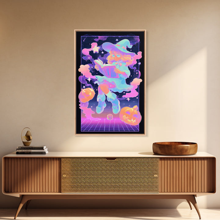 The Spellbook Sleepover, Synthwave Halloween Art, Vertical Wall Art, Canvas Print, Retro Halloween Decor, Neon Wall Art