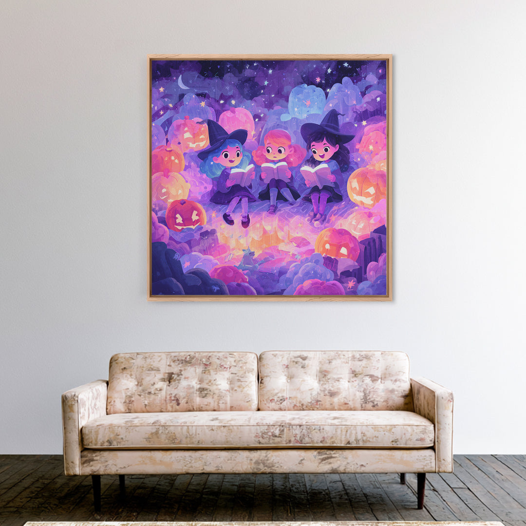 The Spellbook Sleepover, Retro Neon Halloween Art, Square Wall Art, Canvas Print, Retro Halloween Decor, Neon Wall Art, Statement Wall Art