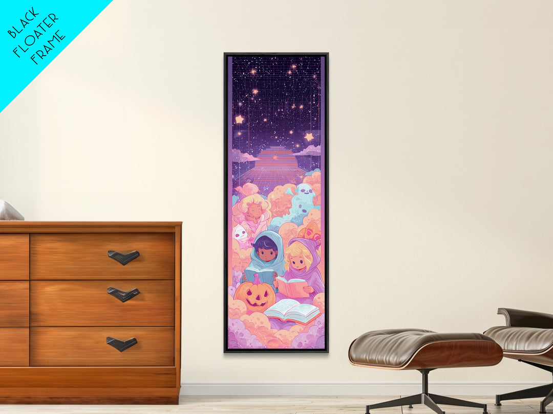 The Spellbook Sleepover, 80s Halloween Wall Art, Tall Narrow Wall Art, Canvas Print, Retro Halloween Decor, Neon Wall Art, Macabre Wall Art