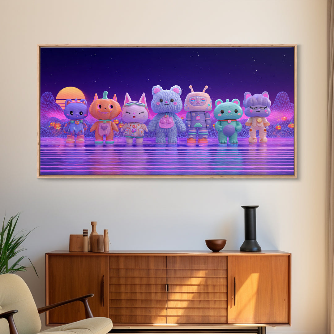 The Friendly Familiar Club, 80s Halloween Wall Art, Wide Panoramic Art, Canvas Print, Retro Halloween Decor, Neon Wall Art