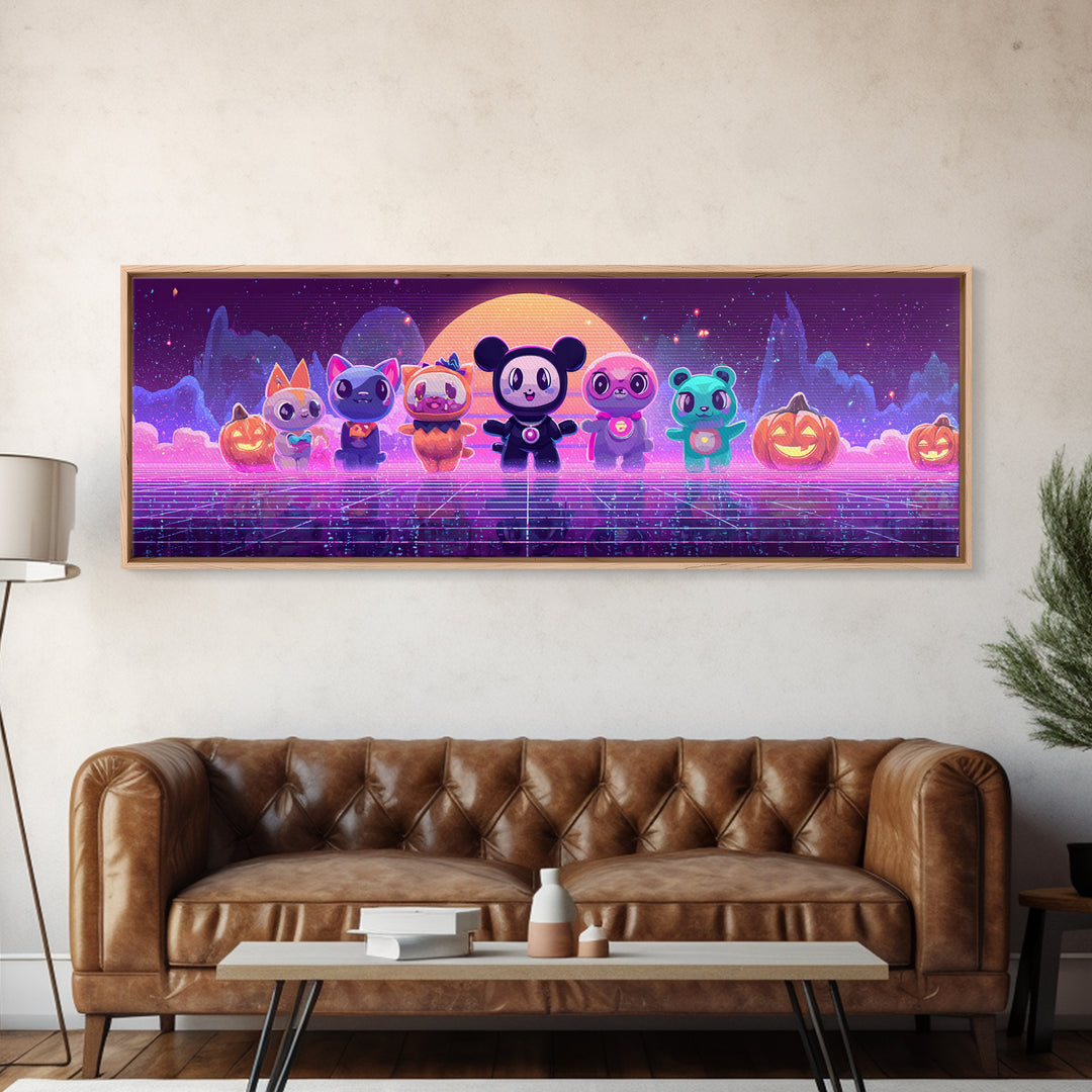 The Friendly Familiar Club, Cute Spooky Neon Art, Extra Wide Wall Art, Canvas Print, Retro Halloween Decor, Neon Wall Art