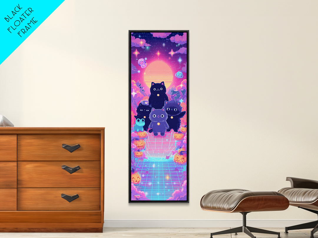 The Friendly Familiar Club, Vaporwave Halloween Decor, Tall Narrow Wall Art, Canvas Print, Retro Halloween Decor, Neon Wall Art