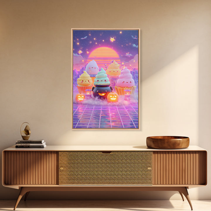 The Cupcake Cauldron Class, Vaporwave Halloween Decor, Vertical Wall Art, Canvas Print, Retro Halloween Decor, Neon Wall Art