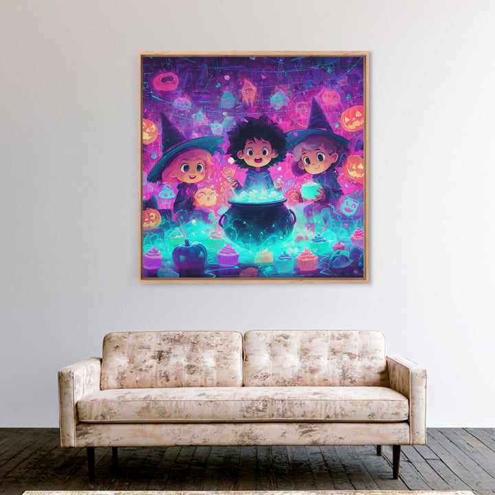 The Cupcake Cauldron Class, 80s Halloween Wall Art, Square Wall Art, Framed Canvas Print, Retro Halloween Decor, Neon Wall Art