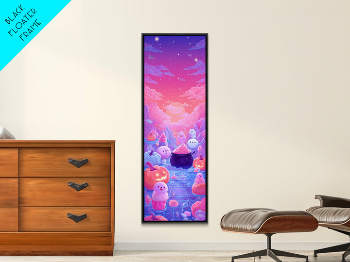 The Cupcake Cauldron Class, Synthwave Halloween Art, Tall Narrow Wall Art, Framed Canvas Print, Retro Halloween Decor, Neon Wall Art