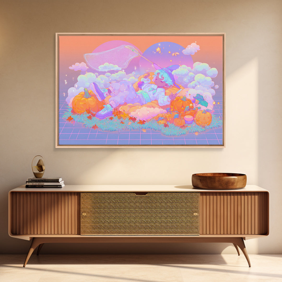 The Cloud-Catching Wizard, Cute Spooky Neon Art, Landscape Wall Art, Canvas Print, Retro Halloween Decor, Neon Wall Art