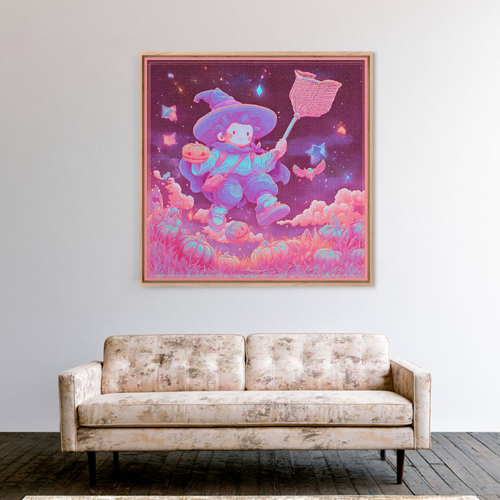 The Cloud-Catching Wizard, Retro Neon Halloween Art, Square Wall Art, Canvas Print, Retro Halloween Decor, Neon Wall Art, Horror Wall Art