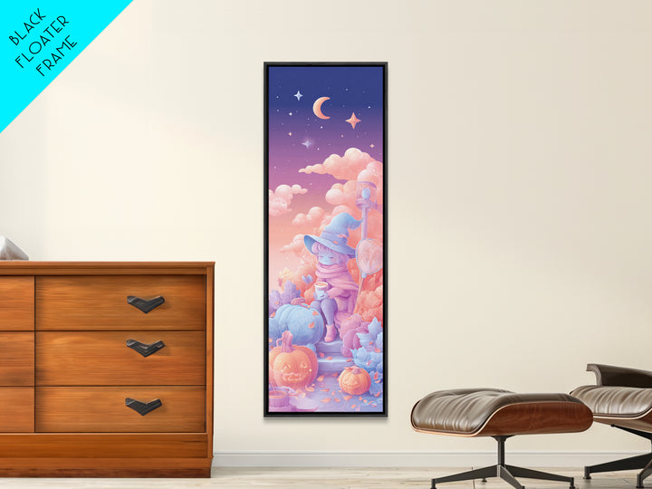 The Cloud-Catching Wizard, 80s Halloween Wall Art, Tall Narrow Wall Art, Framed Canvas Print, Retro Halloween Decor, Neon Wall Art