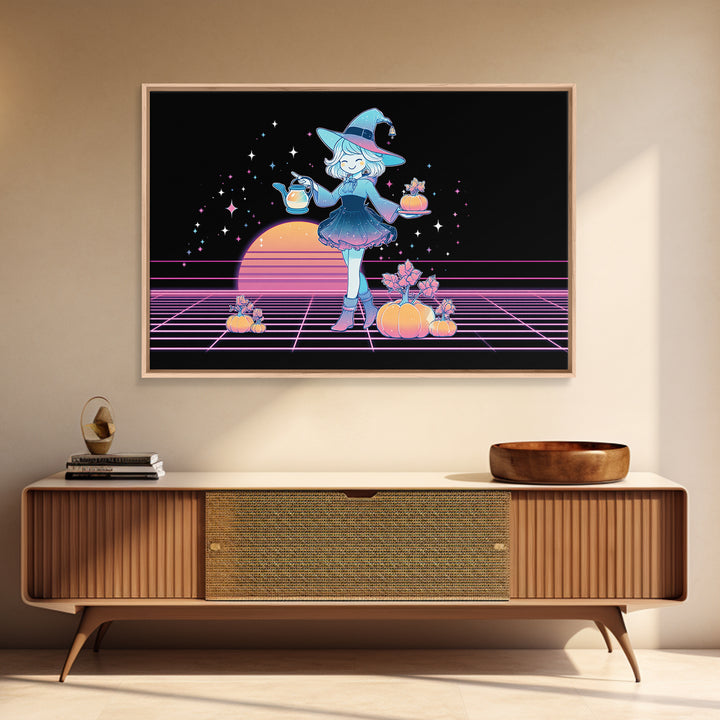 The Moon Garden Witch, Cute Spooky Neon Art, Landscape Wall Art, Canvas Print, Retro Halloween Decor, Neon Wall Art, Horror Wall Art