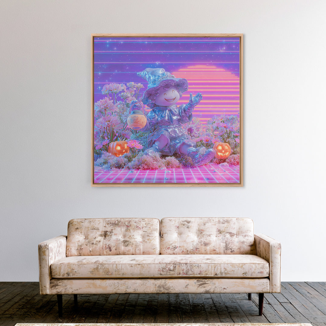 The Moon Garden Witch, Vaporwave Halloween Decor, Square Wall Art, Canvas Print, Retro Halloween Decor, Neon Wall Art, Halloween Wall Art