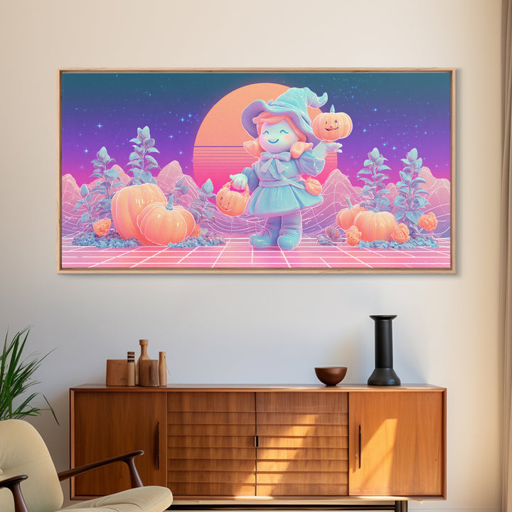 The Moon Garden Witch, Synthwave Halloween Art, Wide Panoramic Art, Framed Canvas Print, Retro Halloween Decor, Neon Wall Art