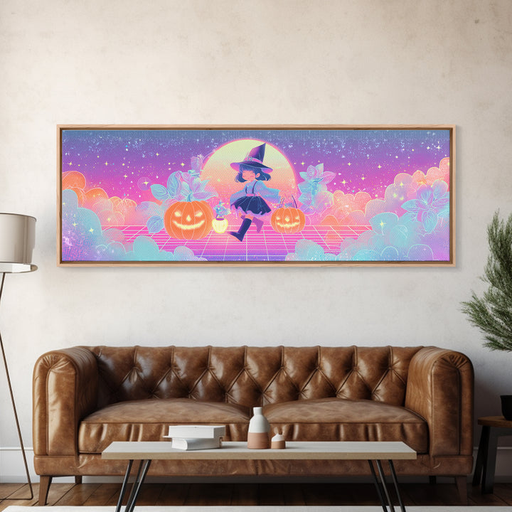 The Moon Garden Witch, 80s Halloween Wall Art, Extra Wide Wall Art, Framed Canvas Print, Retro Halloween Decor, Neon Wall Art