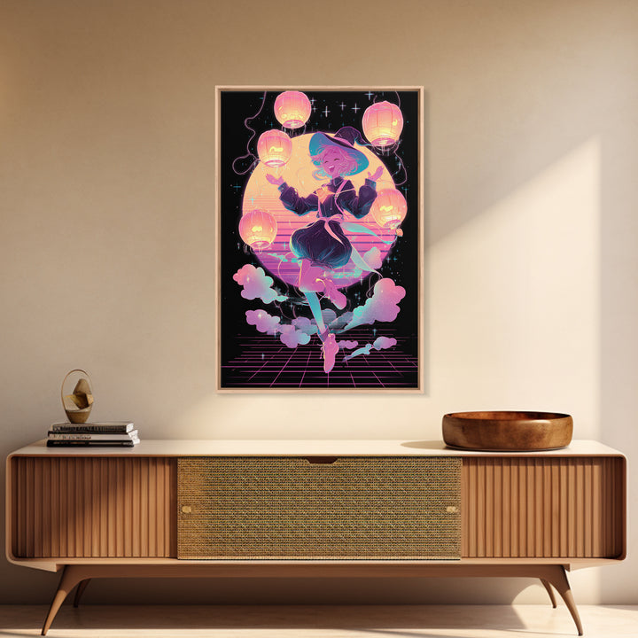 The Lantern-Light Wizard, Cute Spooky Neon Art, Vertical Wall Art, Framed Canvas Print, Retro Halloween Decor, Neon Wall Art
