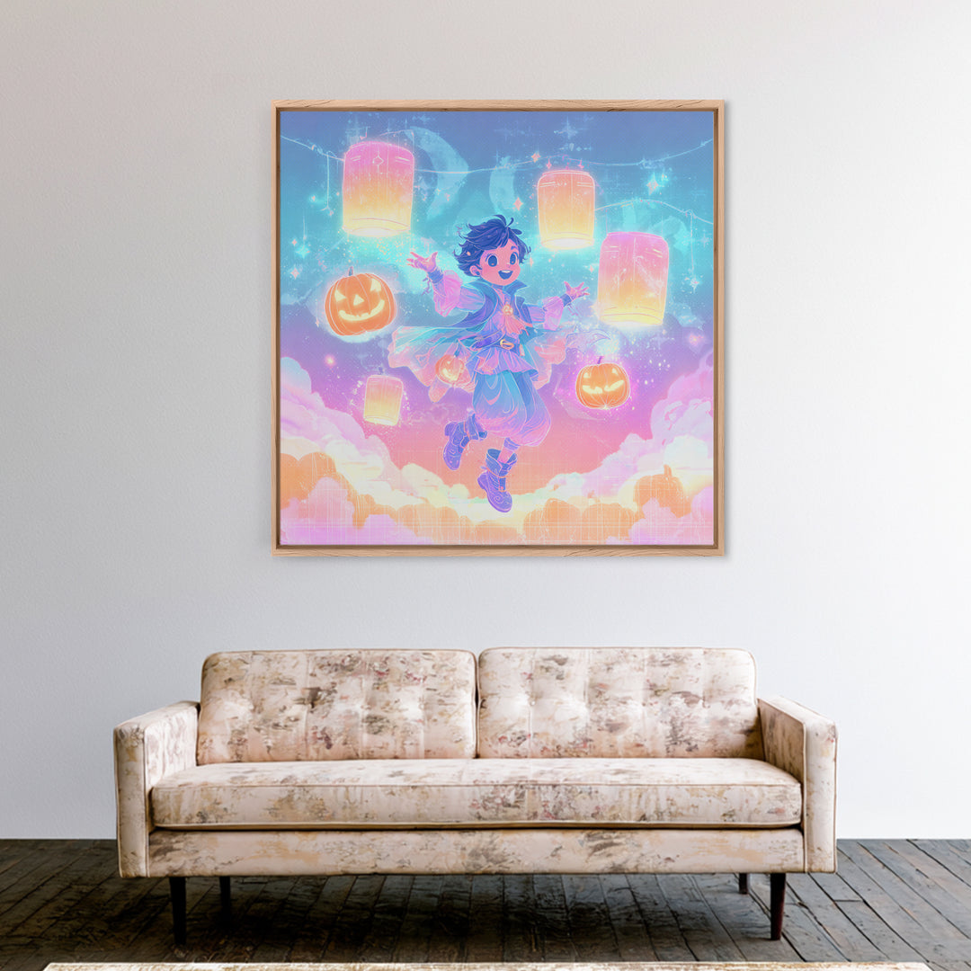 The Lantern-Light Wizard, Synthwave Halloween Art, Square Wall Art, Framed Canvas Print, Retro Halloween Decor, Neon Wall Art