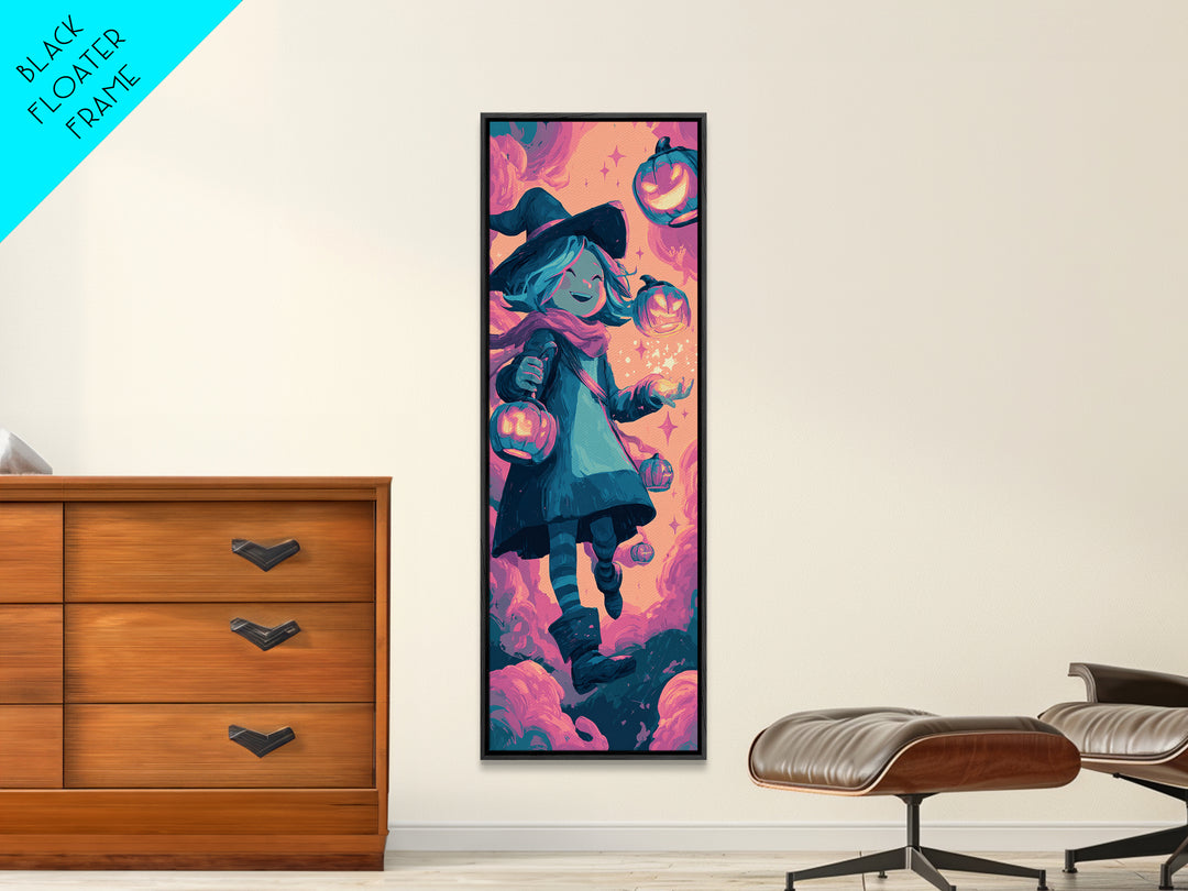 The Lantern-Light Wizard, 80s Halloween Wall Art, Tall Narrow Wall Art, Framed Canvas Print, Retro Halloween Decor, Neon Wall Art