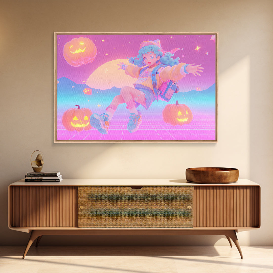 The Candy Map Adventurers, Retro Neon Halloween Art, Landscape Wall Art, Framed Canvas Print, Retro Halloween Decor, Neon Wall Art