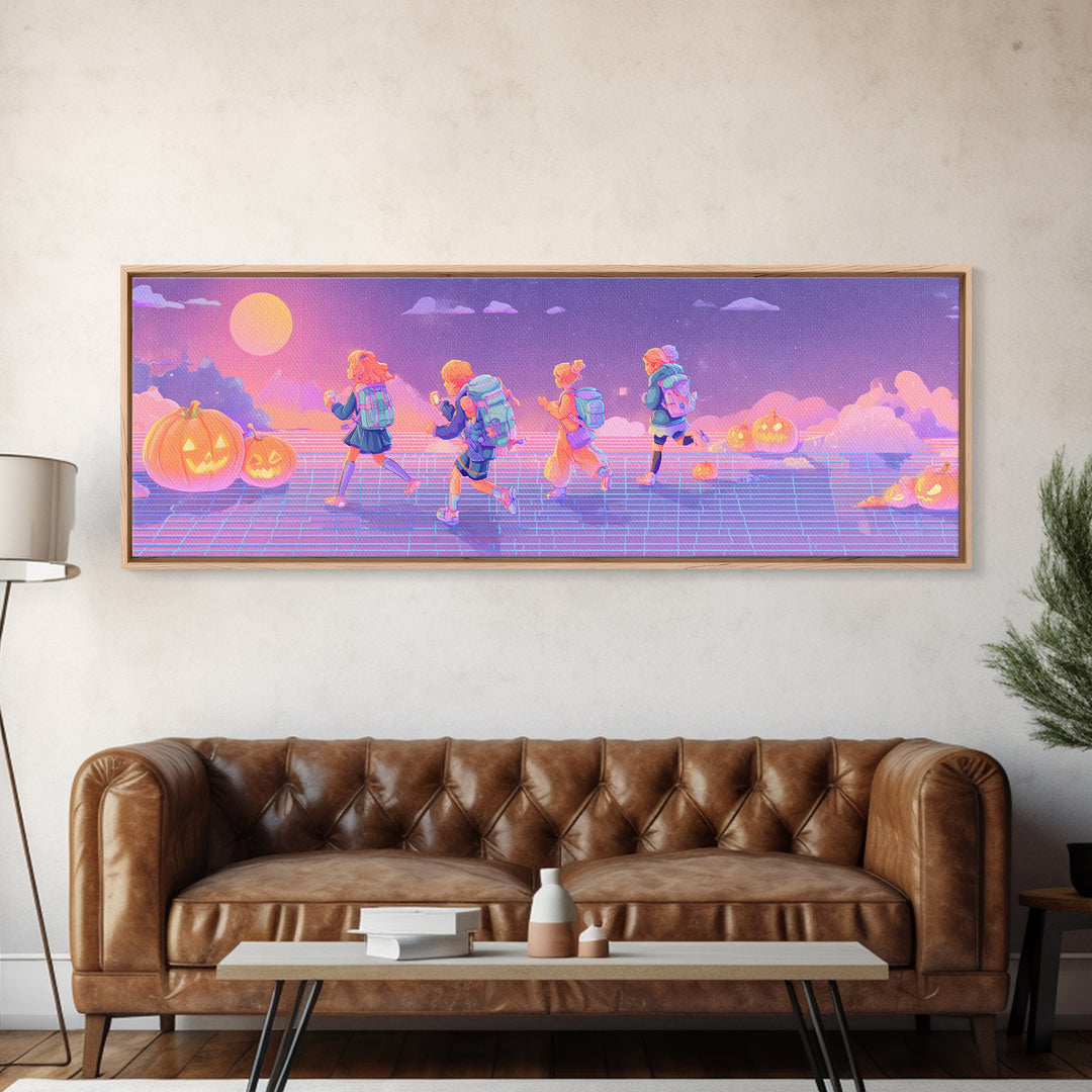 The Candy Map Adventurers, Cute Spooky Neon Art, Extra Wide Wall Art, Canvas Print, Retro Halloween Decor, Neon Wall Art, Gothic Home Decor