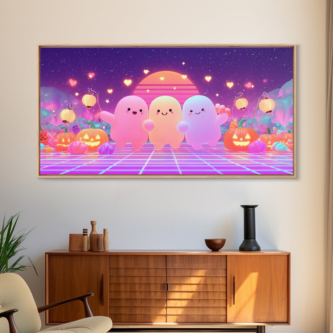 The Halloween Friendship Spell, 80s Halloween Wall Art, Wide Panoramic Art, Canvas Print, Retro Halloween Decor, Neon Wall Art