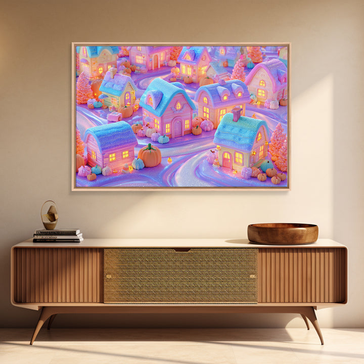 Candy Corn Village, 80s Halloween Wall Art, Landscape Wall Art, Framed Canvas Print, Retro Halloween Decor, Neon Wall Art, Spooky Wall Decor